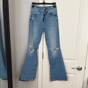 Women's Blue Distressed Low-Rise Flare Jeans